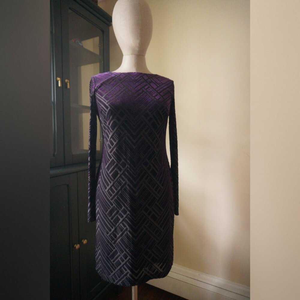 💜 Vince Camuto Purple Velvet Geometric Long Sleeve Mini Dress - Size 6 💜